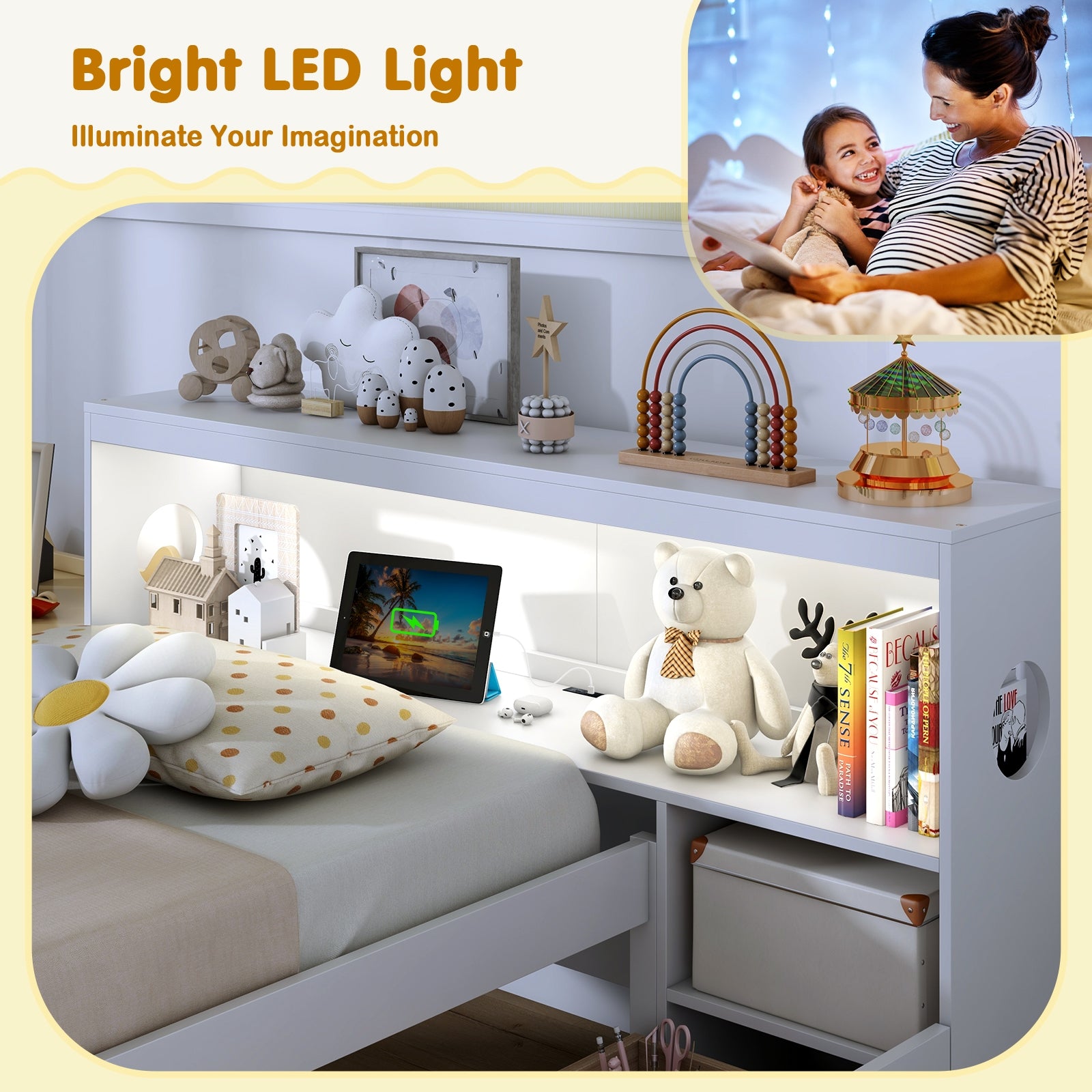 Twin Size Bed Frame with LED Light and Bookcase Headboard, White Trundle Bed Frame at Gallery Canada