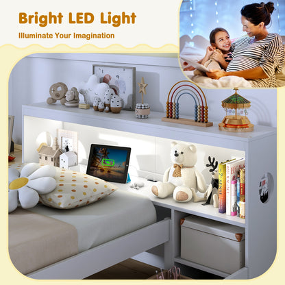 Twin Size Bed Frame with LED Light and Bookcase Headboard, White Trundle Bed Frame at Gallery Canada