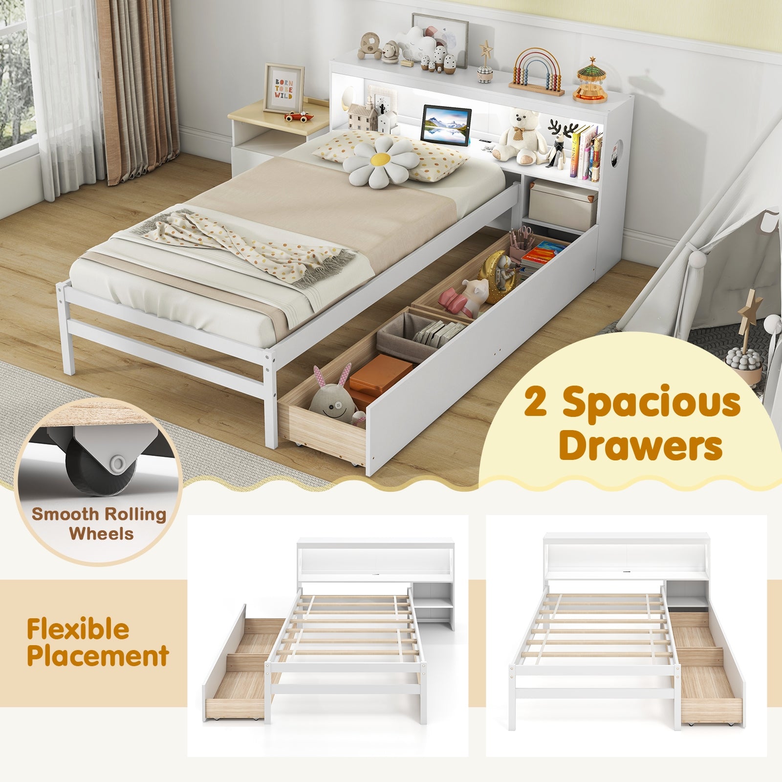 Twin Size Bed Frame with LED Light and Bookcase Headboard, White Trundle Bed Frame at Gallery Canada