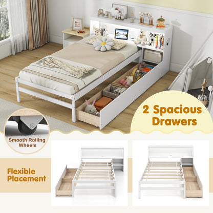 Twin Size Bed Frame with LED Light and Bookcase Headboard, White Trundle Bed Frame at Gallery Canada