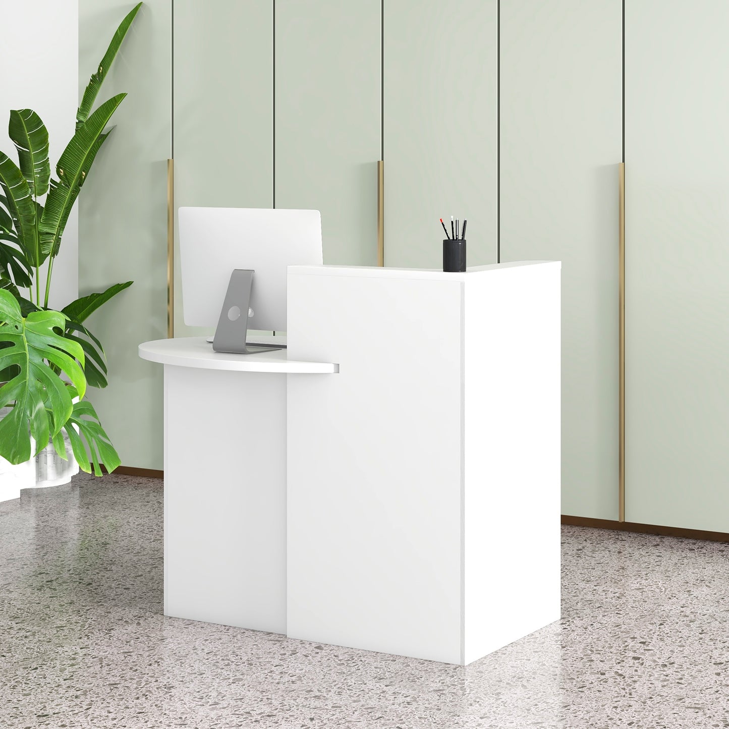 Reception Office Desk With Open Shelf, Lockable Drawer, White Corner Desks at Gallery Canada