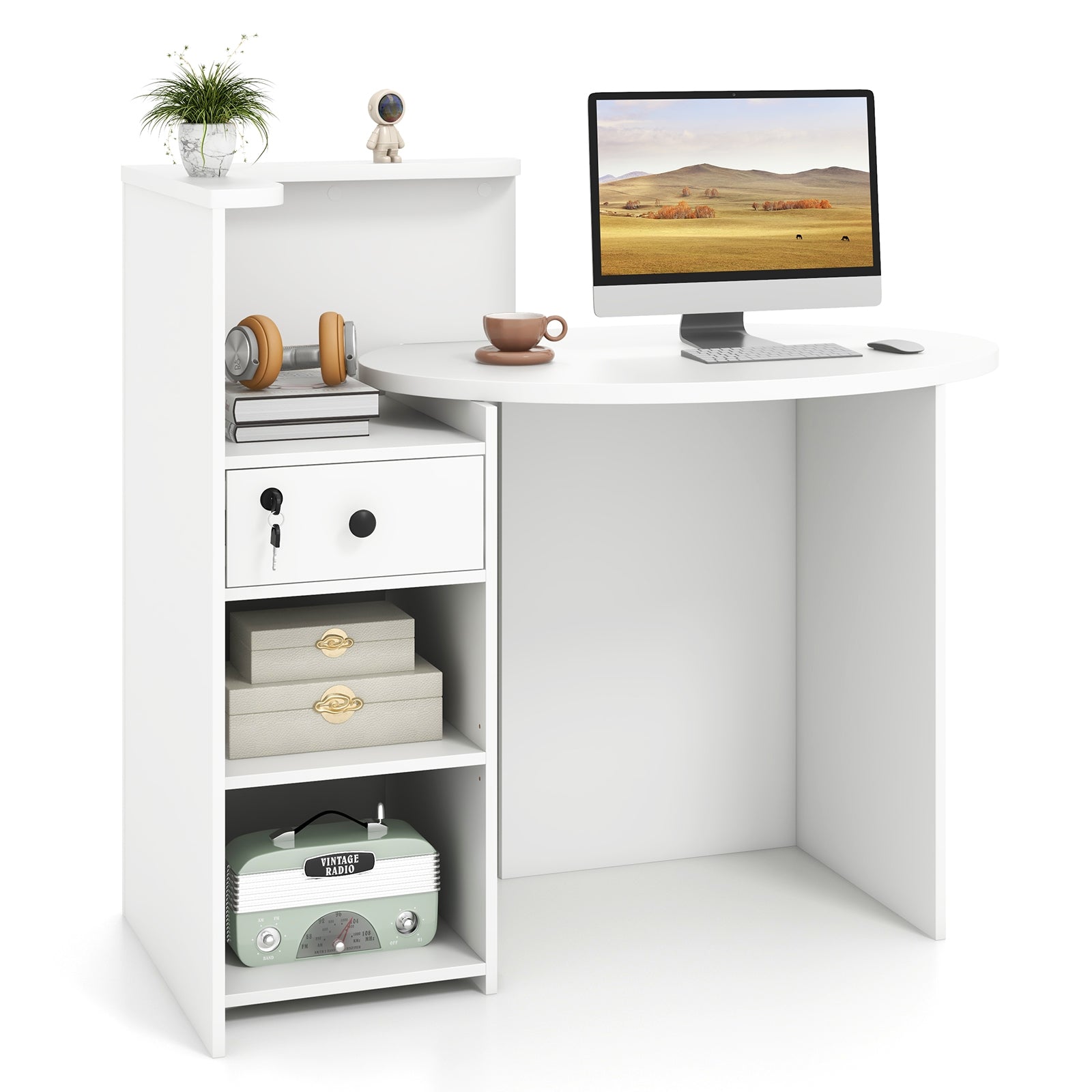 Reception Office Desk With Open Shelf, Lockable Drawer, White Corner Desks White at Gallery Canada