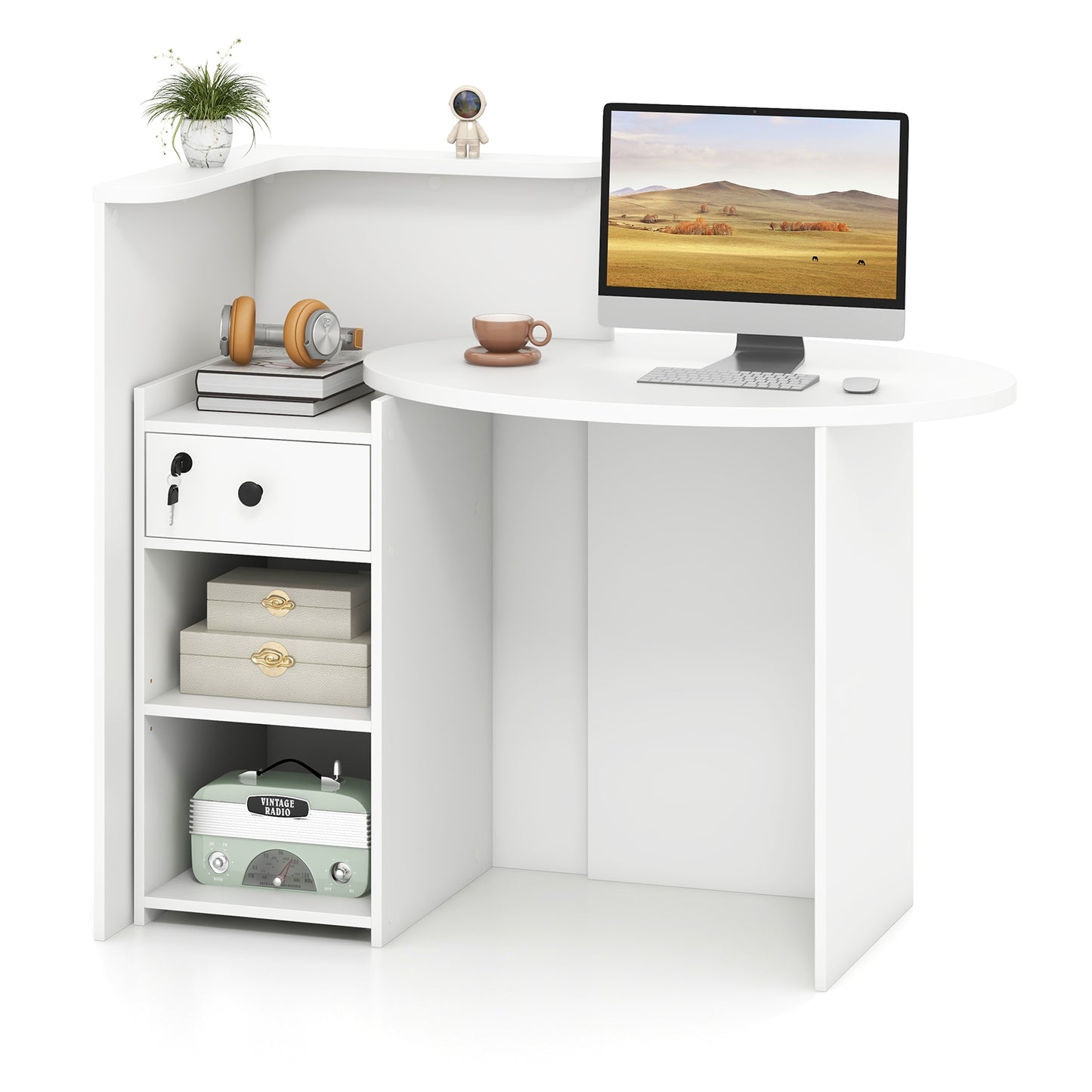 Reception Office Desk With Open Shelf, Lockable Drawer, White Corner Desks at Gallery Canada