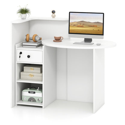 Reception Office Desk With Open Shelf, Lockable Drawer, White Corner Desks at Gallery Canada