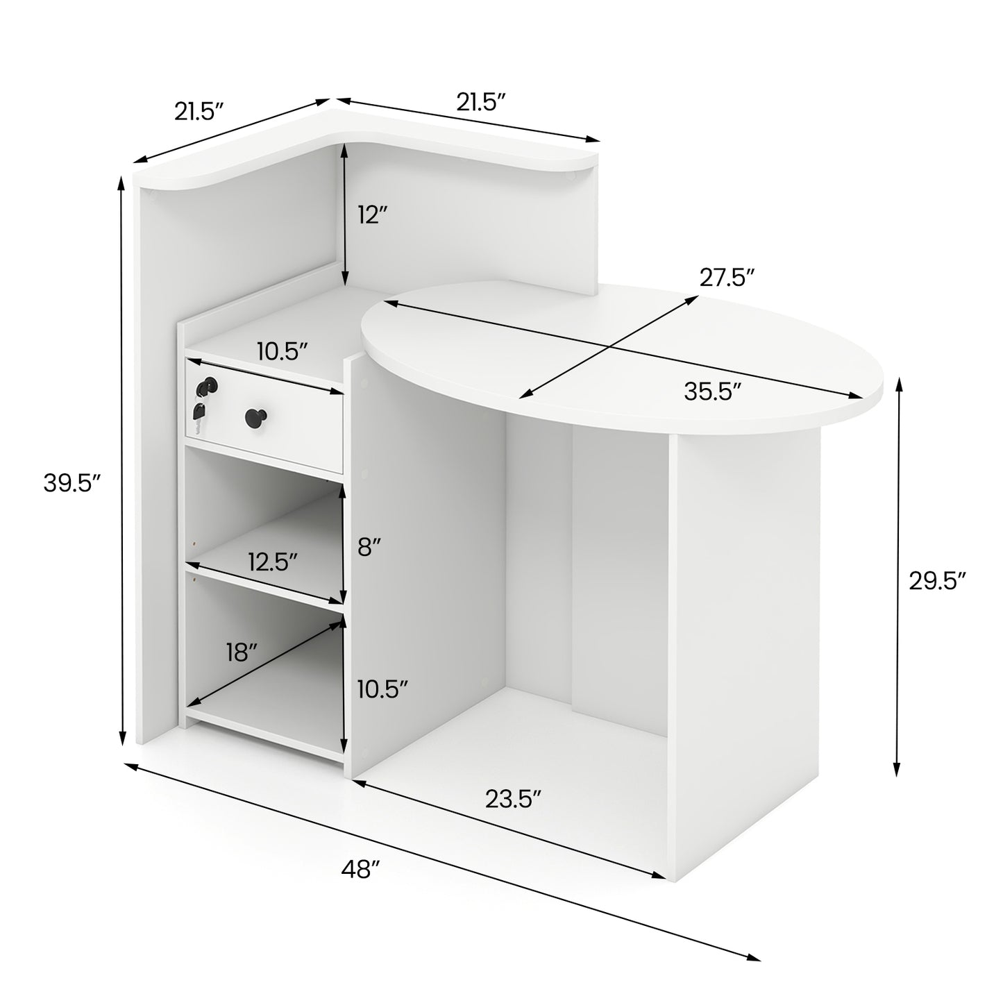 Reception Office Desk With Open Shelf, Lockable Drawer, White Corner Desks at Gallery Canada