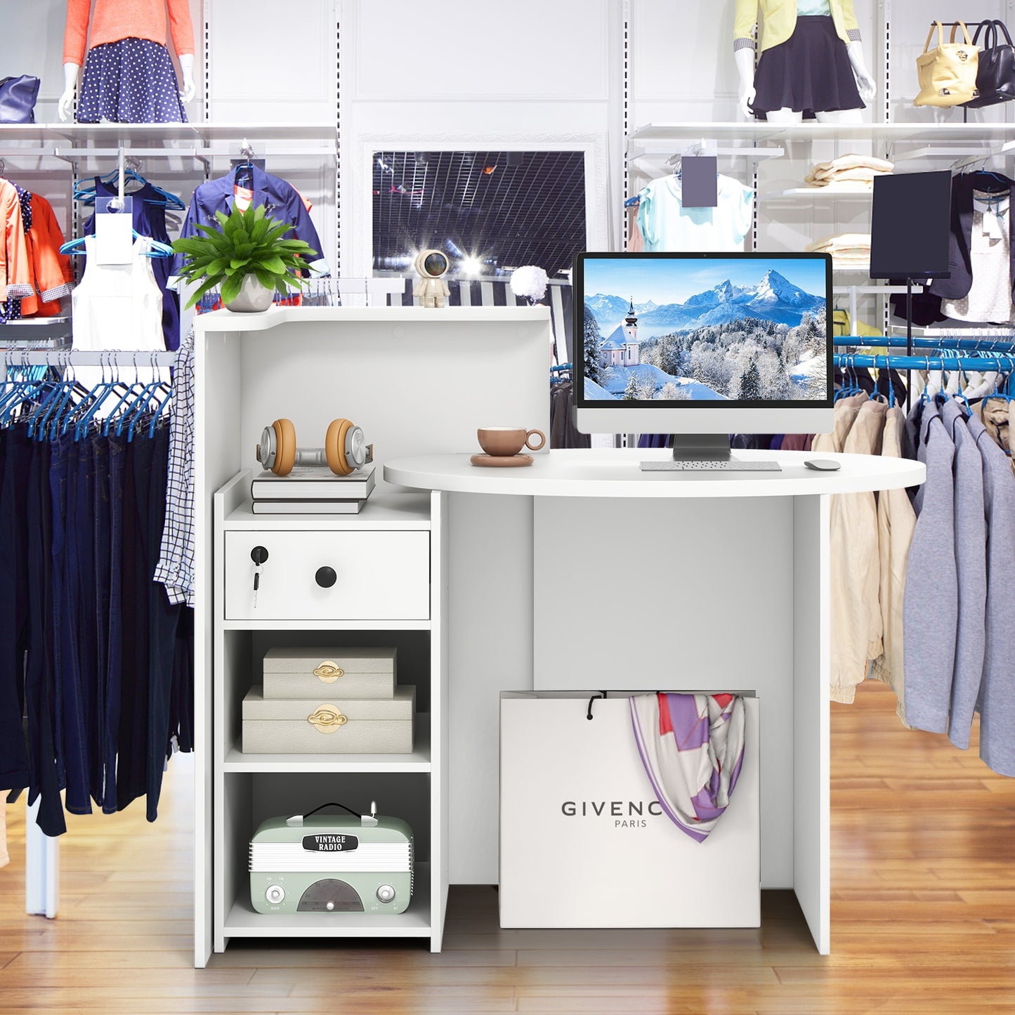 Reception Office Desk With Open Shelf, Lockable Drawer, White Corner Desks at Gallery Canada