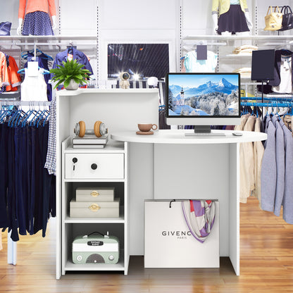 Reception Office Desk With Open Shelf, Lockable Drawer, White Corner Desks at Gallery Canada