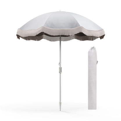 6.5 FT Beach Umbrella with Fringe Outdoor Tassel Umbrella with Push Button Tilt, White Outdoor Umbrellas White at Gallery Canada