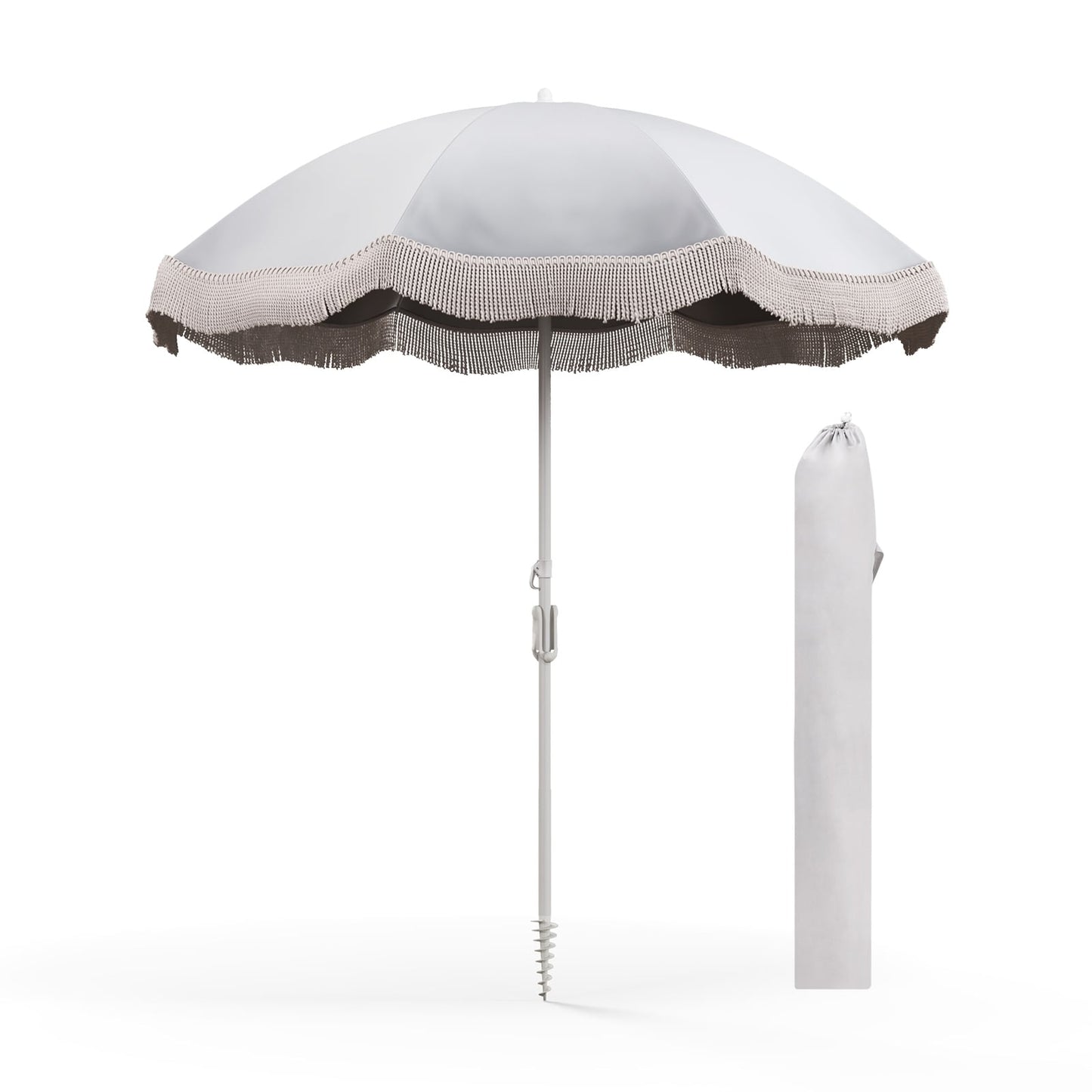6.5 FT Parapluie de Plage Avec Frange à Pompons, Inclinaison à Bouton-Poussoir, Blanc