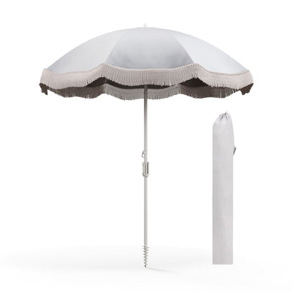 6.5 FT Parapluie de Plage Avec Frange à Pompons, Inclinaison à Bouton-Poussoir, Blanc
