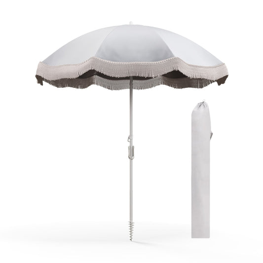 6.5 FT Beach Umbrella With Fringe Tassel, Push Button Tilt, White Outdoor Umbrellas White at Gallery Canada