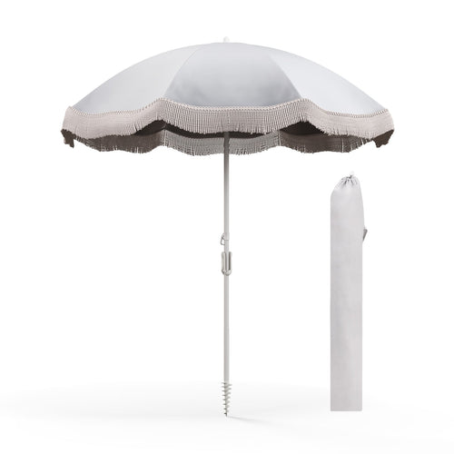 6.5 FT Beach Umbrella With Fringe Tassel, Push Button Tilt, White