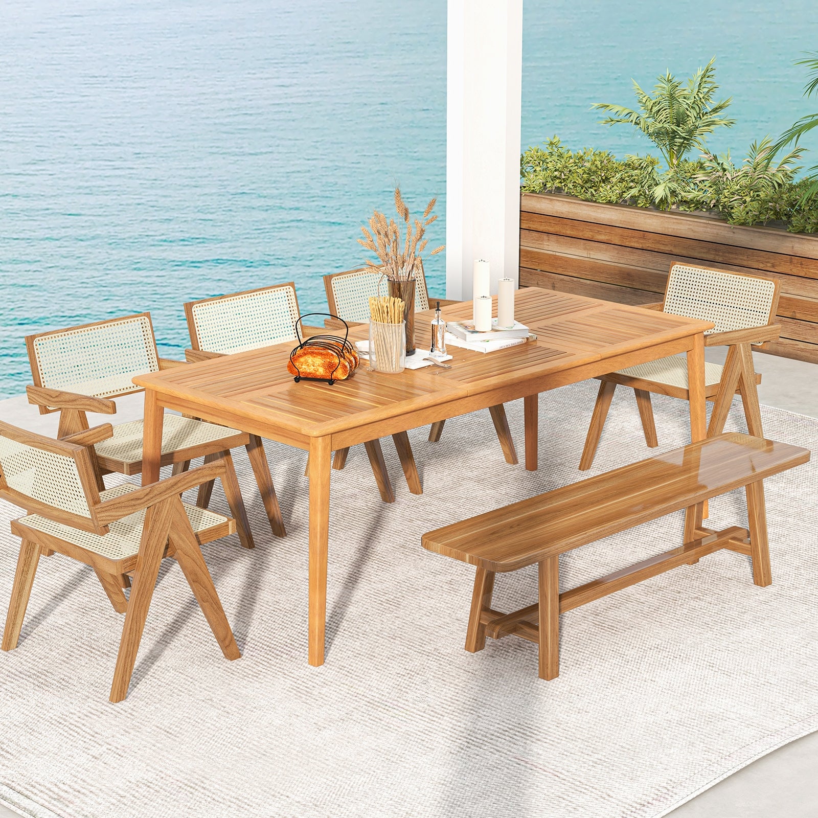 8-Person Outdoor Acacia Wood Dining Rectangular Bistro Table with Umbrella Hole, Natural Patio Dining Tables at Gallery Canada