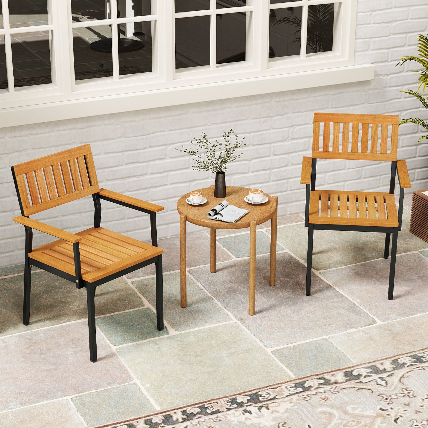 Patio Outdoor Dining Chair Set of 2 with Metal and Acacia Wood Frame, Natural Patio Dining Chairs at Gallery Canada