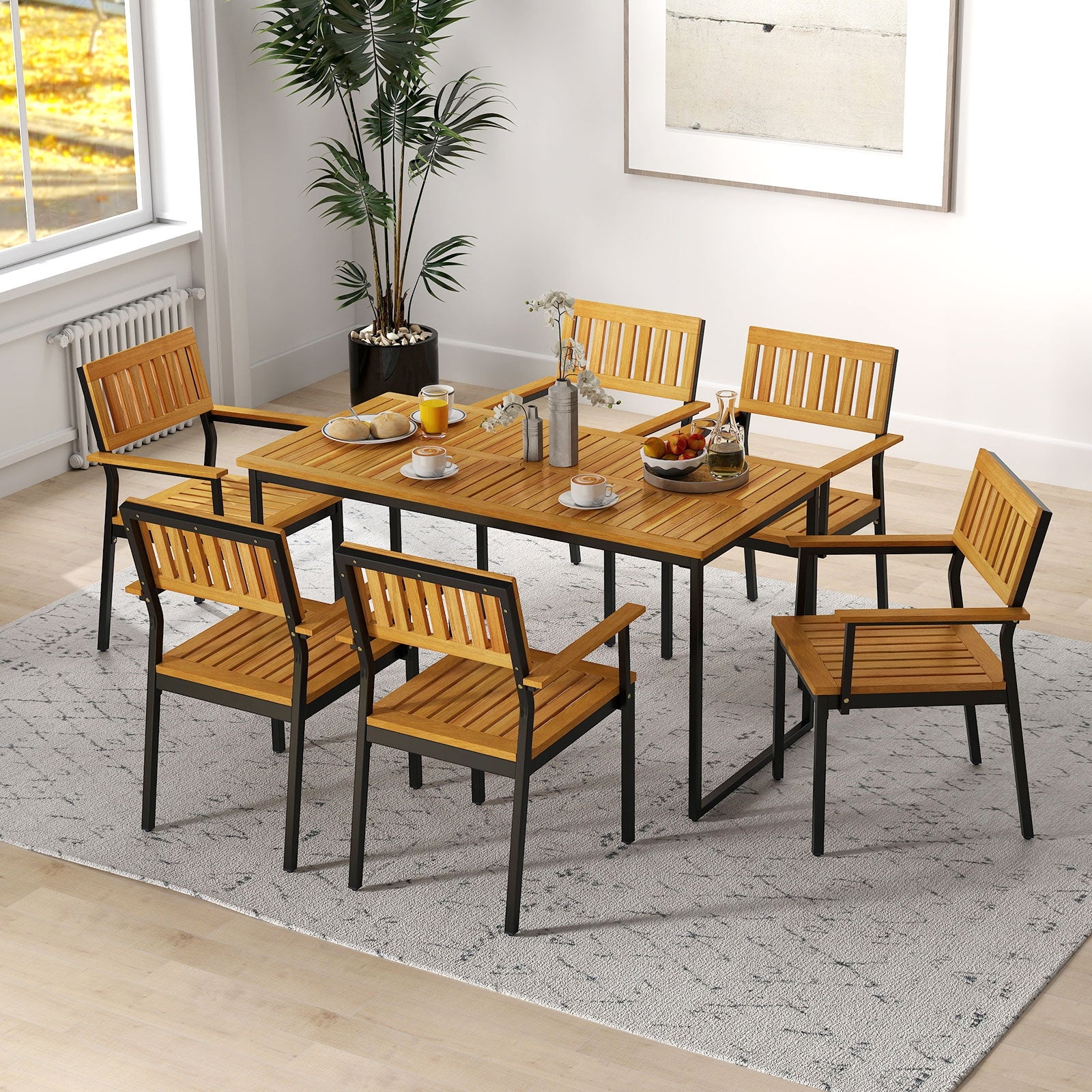 Patio Outdoor Dining Chair Set of 2 with Metal and Acacia Wood Frame, Natural Patio Dining Chairs at Gallery Canada