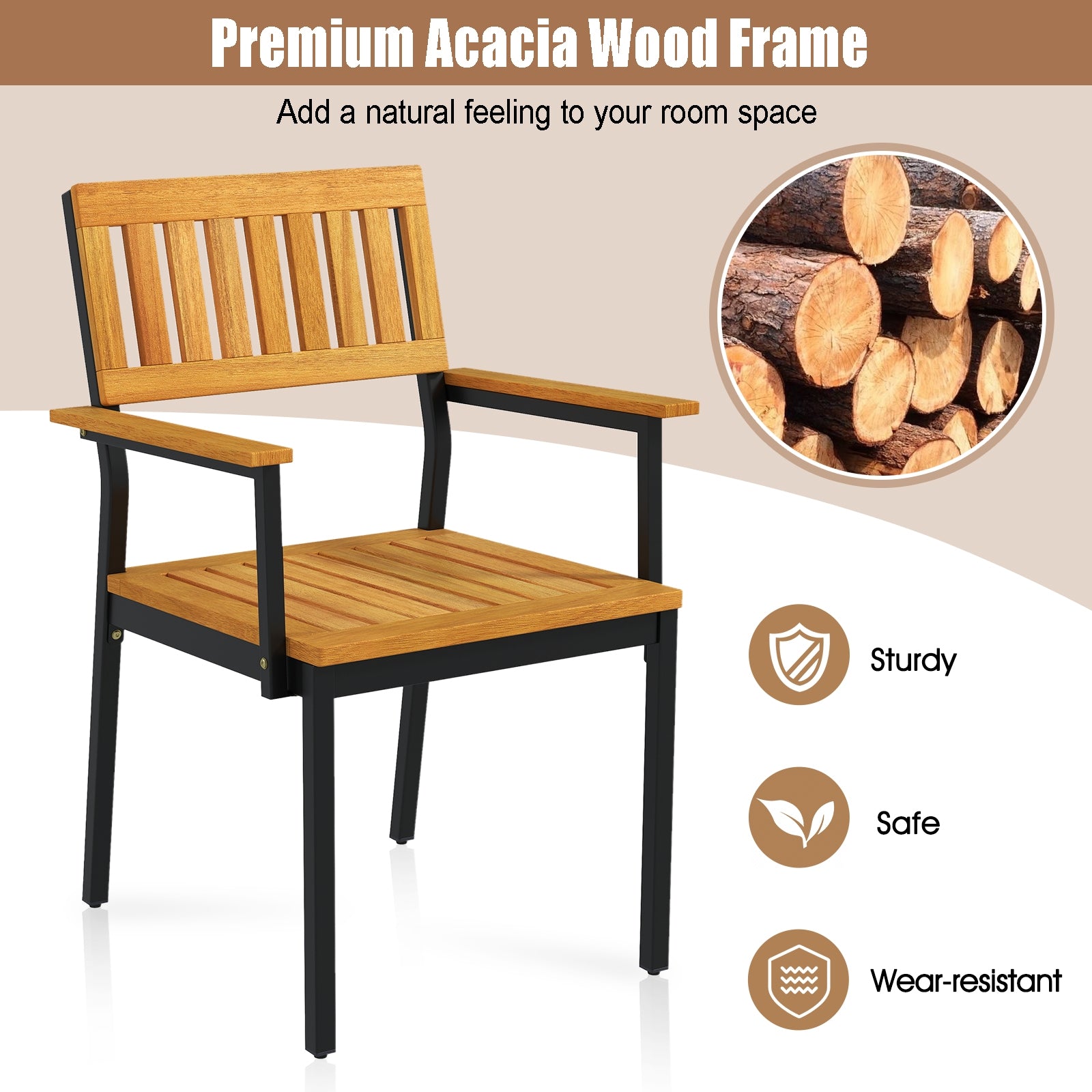 Patio Outdoor Dining Chair Set of 2 with Metal and Acacia Wood Frame, Natural Patio Dining Chairs at Gallery Canada