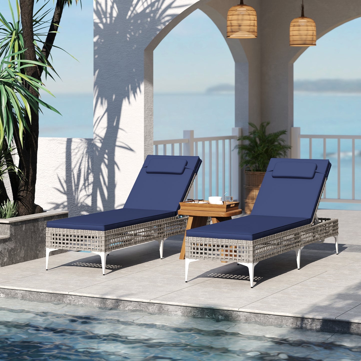 2 Pieces Patio Chaise Lounge Chair with 6-Level Adjustable Backrest and Headrest for Poolside, Navy Outdoor Chaise Lounges at Gallery Canada