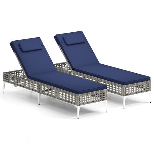 2 Pieces Patio Chaise Lounge Chair with 6-Level Adjustable Backrest and Headrest for Poolside, Navy