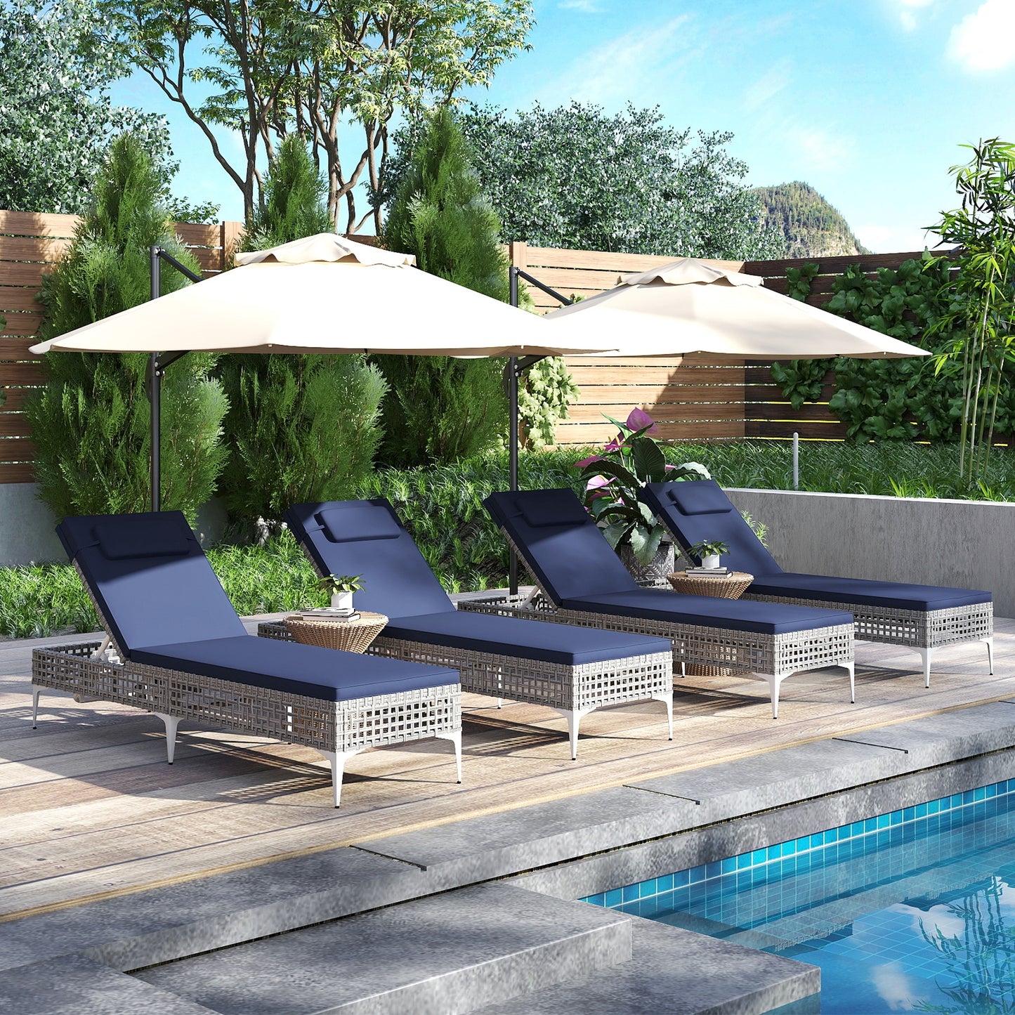 2 Pieces Patio Chaise Lounge Chair with 6-Level Adjustable Backrest and Headrest for Poolside, Navy Outdoor Chaise Lounges at Gallery Canada