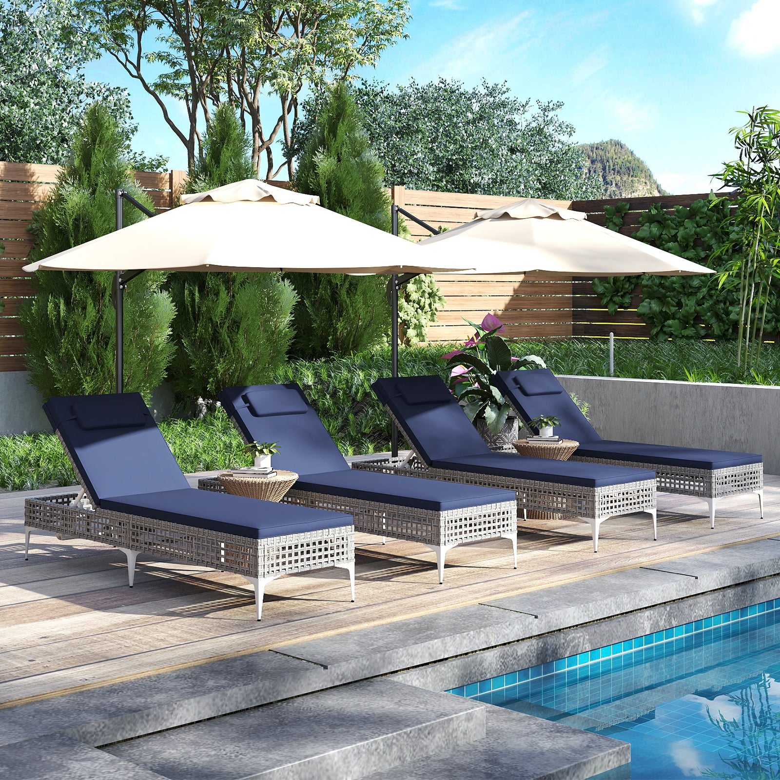 2 Pieces Patio Chaise Lounge Chair with 6-Level Adjustable Backrest and Headrest for Poolside, Navy Outdoor Chaise Lounges at Gallery Canada