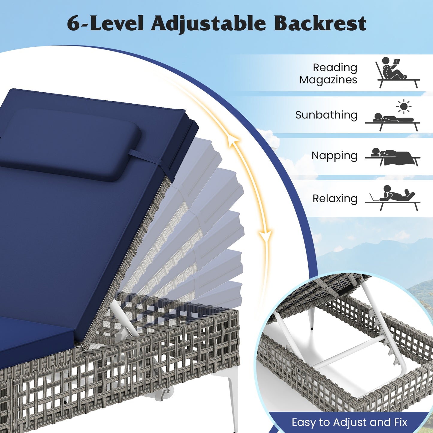 2 Pieces Patio Chaise Lounge Chair with 6-Level Adjustable Backrest and Headrest for Poolside, Navy Outdoor Chaise Lounges at Gallery Canada