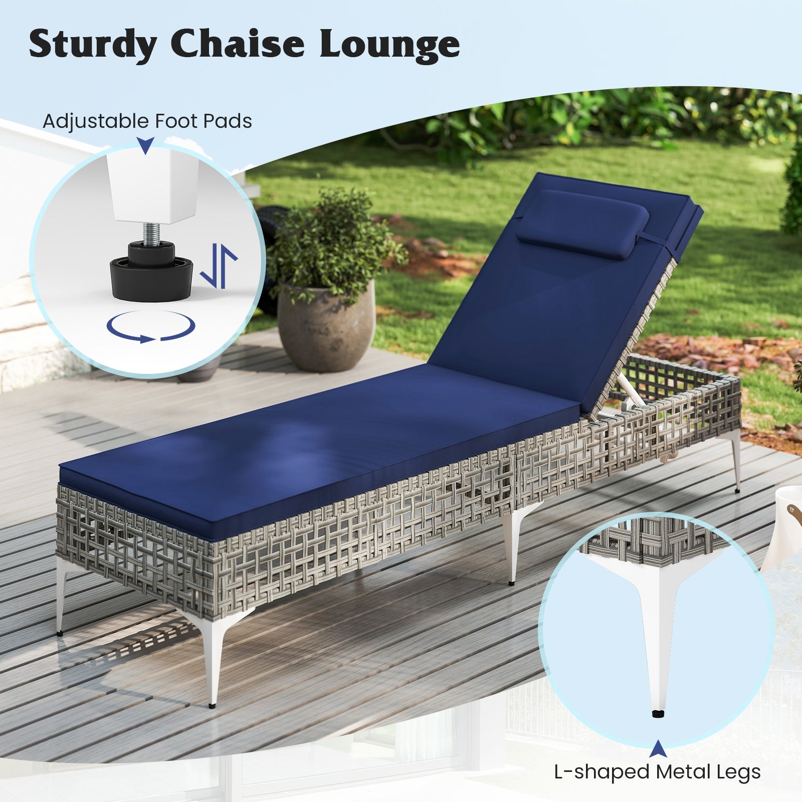 2 Pieces Patio Chaise Lounge Chair with 6-Level Adjustable Backrest and Headrest for Poolside, Navy Outdoor Chaise Lounges at Gallery Canada