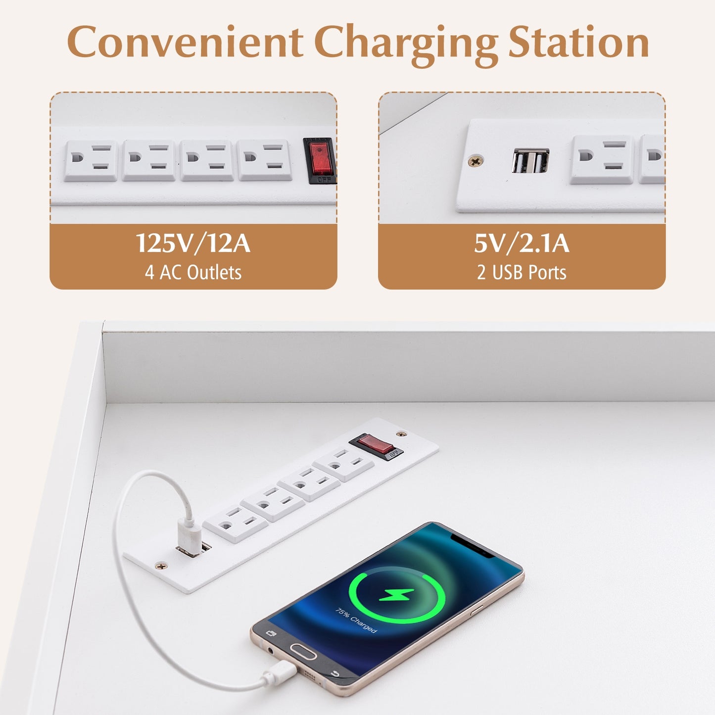 3-Tier Corner Cabinet with Charging Station for Bedroom, White Cabinets & Chests at Gallery Canada