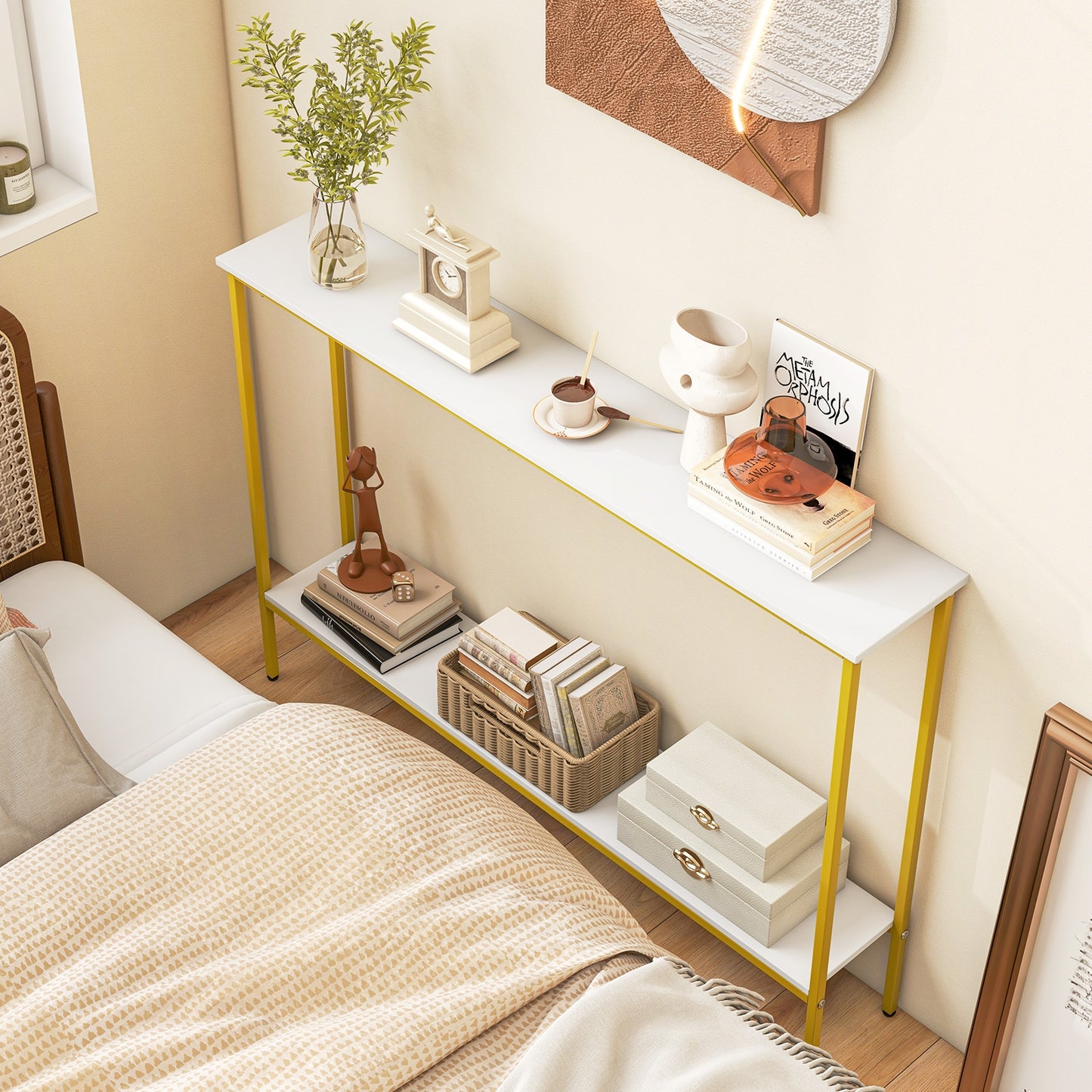 44 Inch Console Table with Shelf with Dual Anti-Tipping Kits, White Console Tables at Gallery Canada