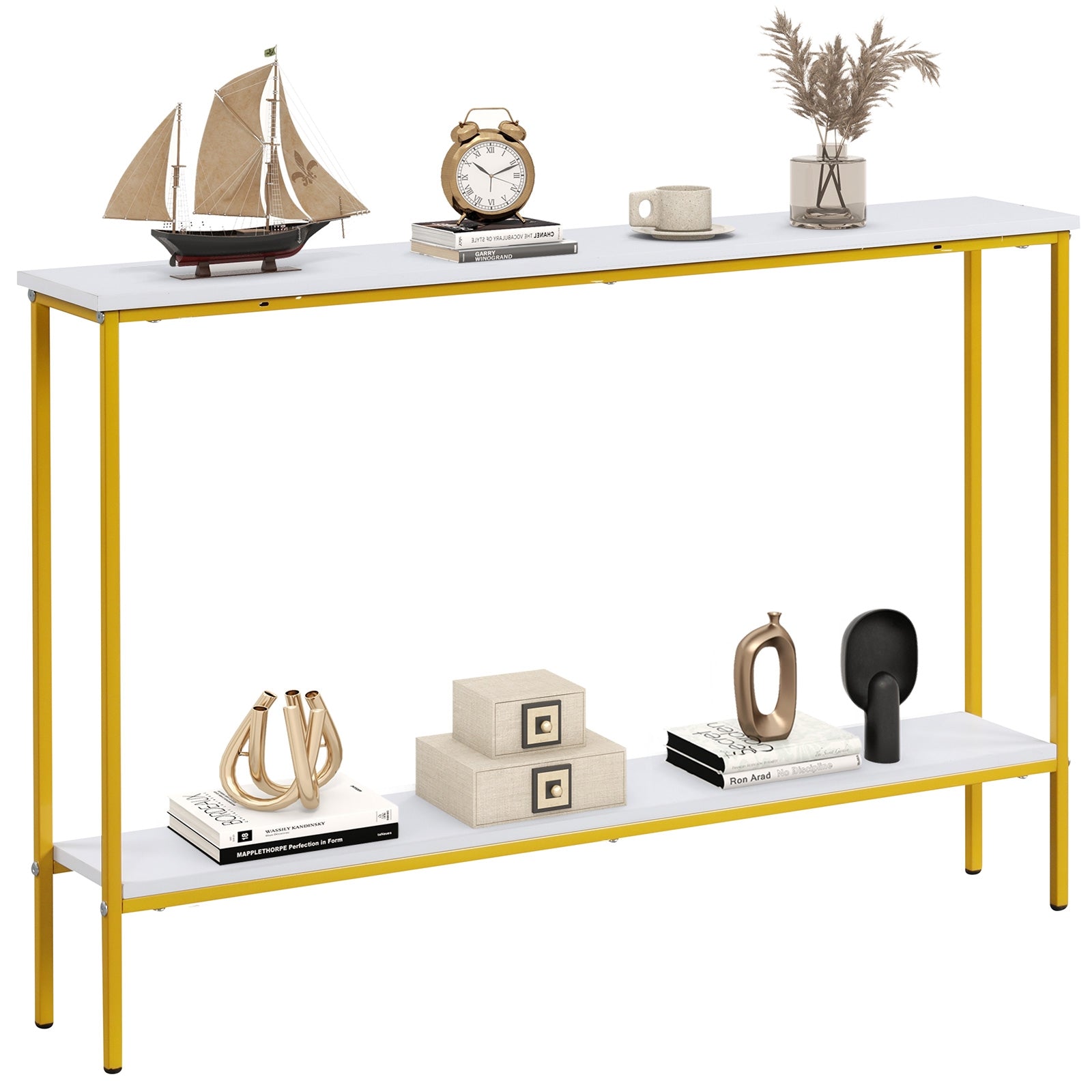 44 Inch Console Table With Shelf, Dual Anti-Tipping Kits, White Console Tables White at Gallery Canada