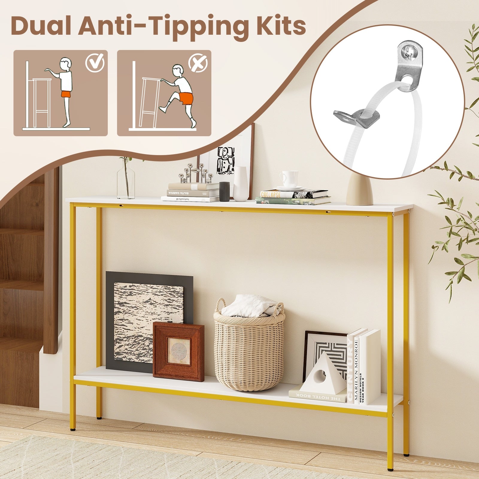 44 Inch Console Table with Shelf with Dual Anti-Tipping Kits, White Console Tables at Gallery Canada