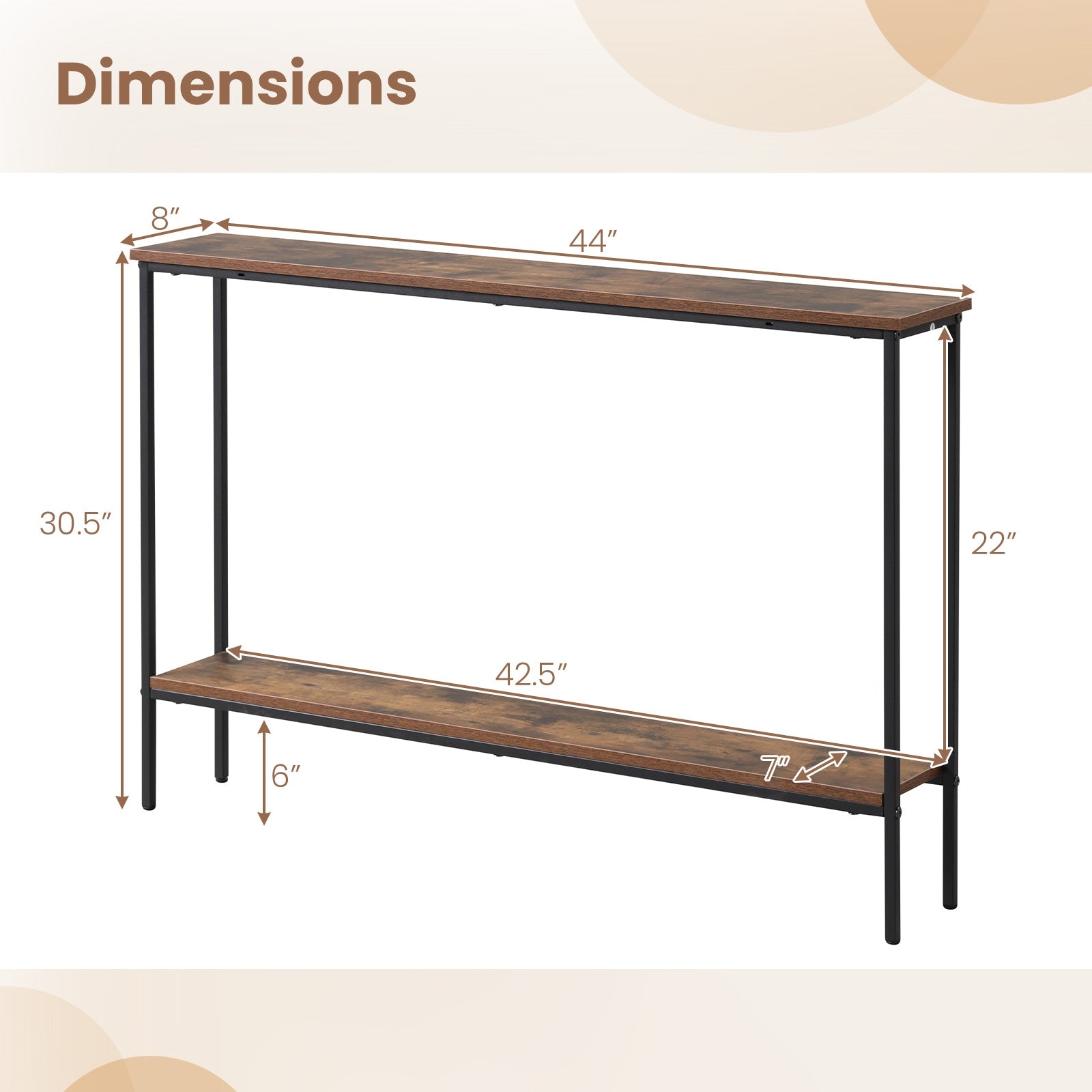 44 Inch Console Table with Shelf with Dual Anti-Tipping Kits, Rustic Brown Console Tables at Gallery Canada