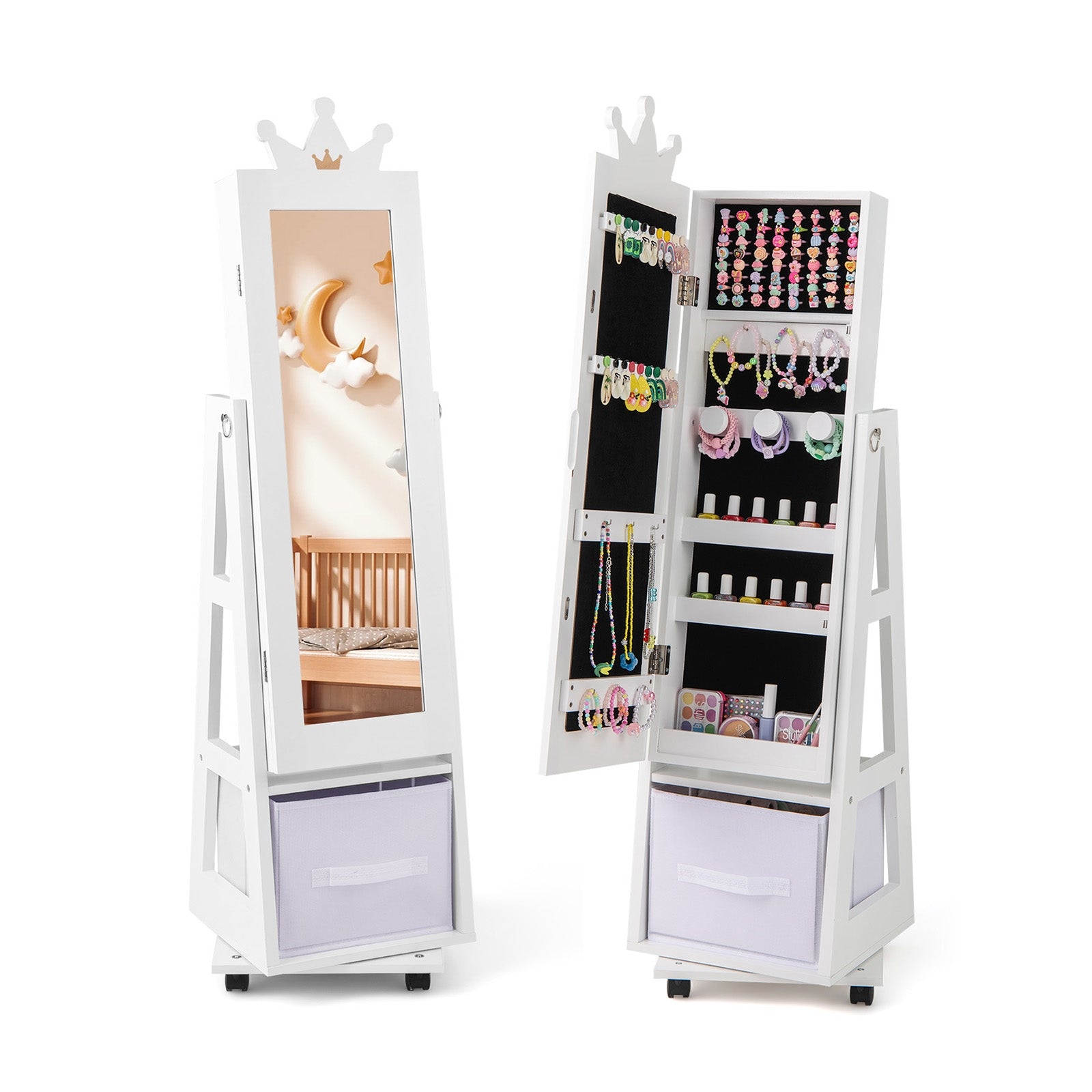 Kids Jewelry Armoire Cabinet with Swivel Base and Lockable Universal Wheels, White Kids Vanities White at Gallery Canada