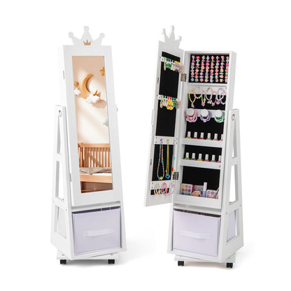 Kids Jewelry Armoire Cabinet with Swivel Base and Lockable Universal Wheels, White Kids Vanities White at Gallery Canada