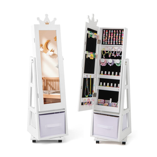Kids Jewelry Armoire Cabinet, With Swivel Base And Lockable Wheels, White Kids Vanities White at Gallery Canada
