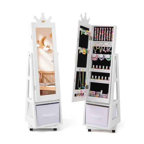 Kids Jewelry Armoire Cabinet with Swivel Base and Lockable Universal Wheels, White