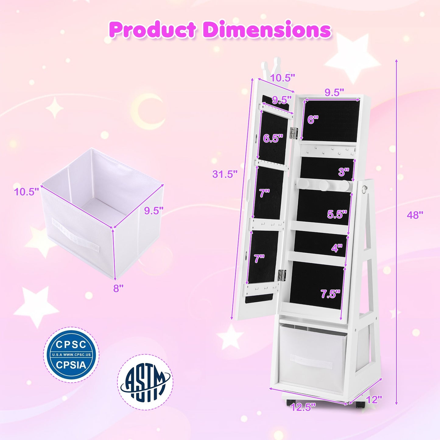 Kids Jewelry Armoire Cabinet with Swivel Base and Lockable Universal Wheels, White Kids Vanities at Gallery Canada
