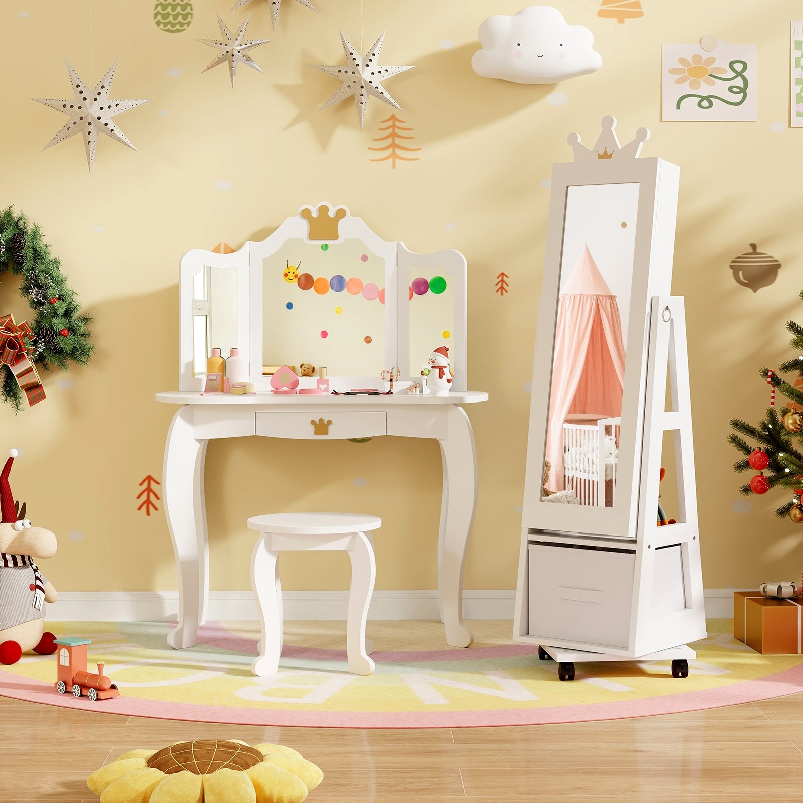 Kids Jewelry Armoire Cabinet with Swivel Base and Lockable Universal Wheels, White Kids Vanities at Gallery Canada