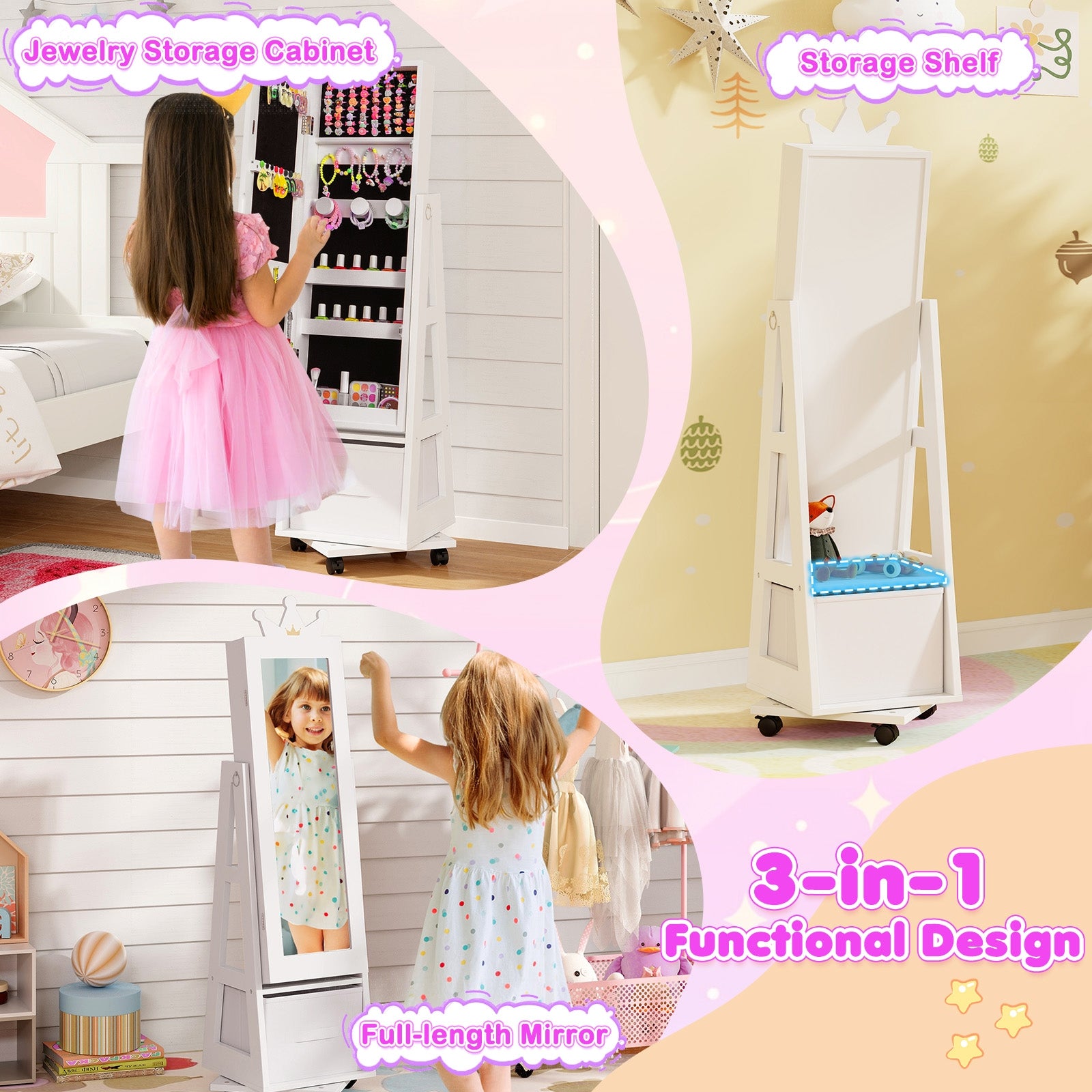 Kids Jewelry Armoire Cabinet with Swivel Base and Lockable Universal Wheels, White Kids Vanities at Gallery Canada
