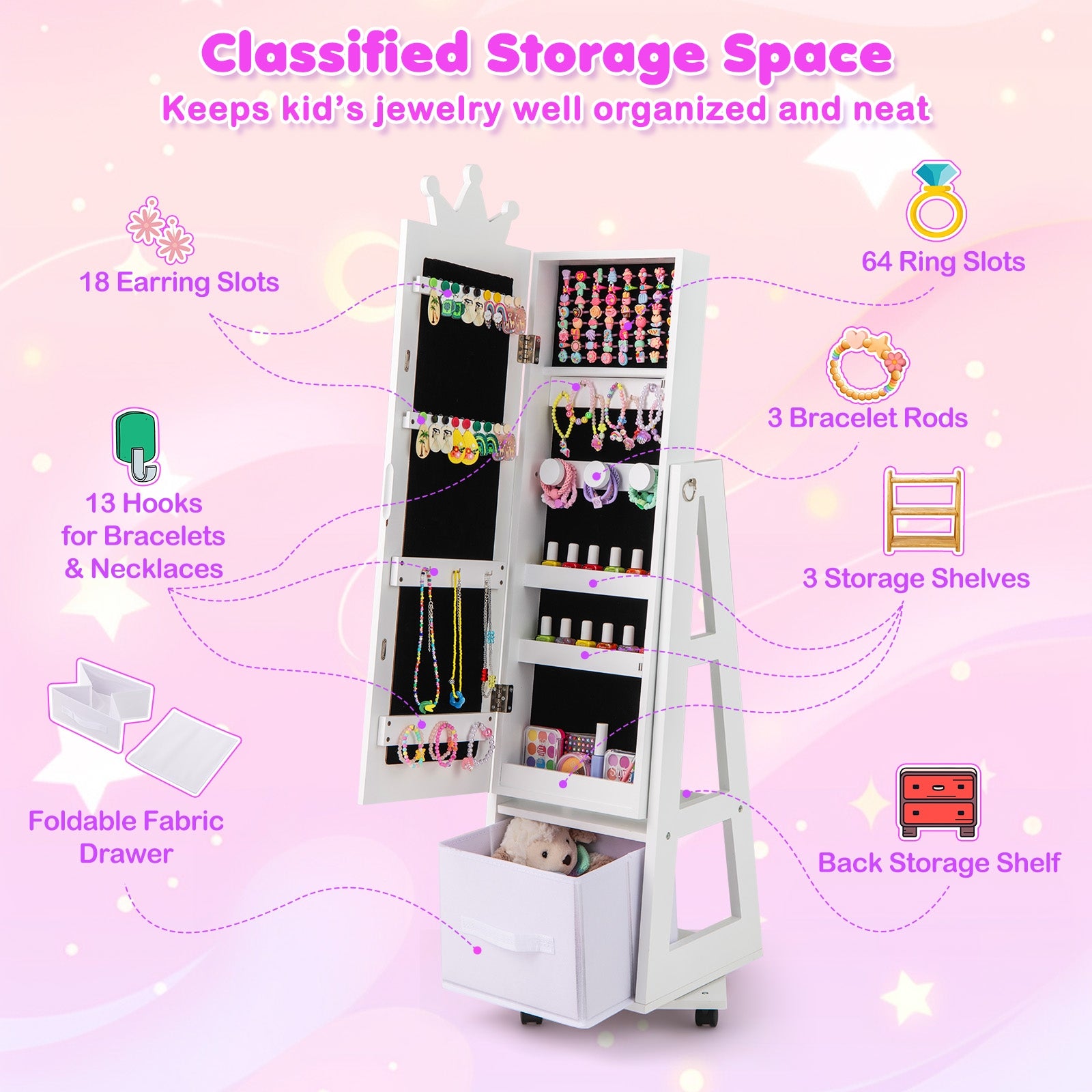 Kids Jewelry Armoire Cabinet with Swivel Base and Lockable Universal Wheels, White Kids Vanities at Gallery Canada