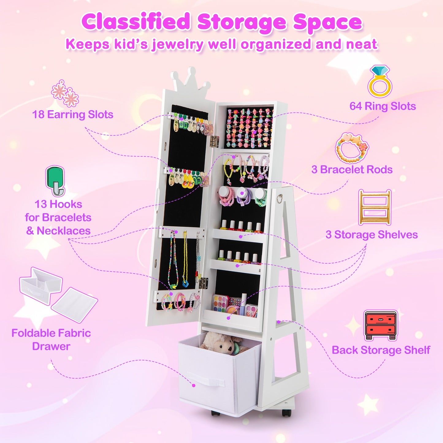 Kids Jewelry Armoire Cabinet with Swivel Base and Lockable Universal Wheels, White Kids Vanities at Gallery Canada