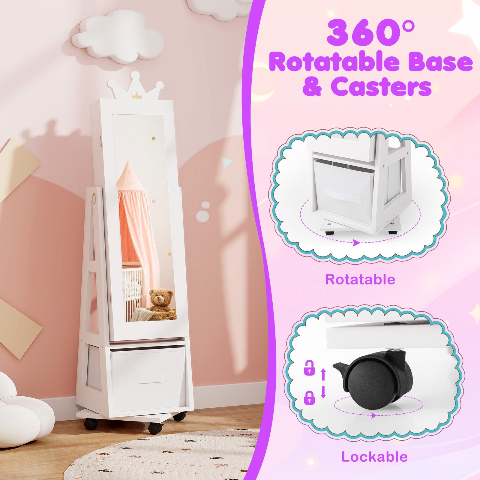 Kids Jewelry Armoire Cabinet with Swivel Base and Lockable Universal Wheels, White Kids Vanities at Gallery Canada