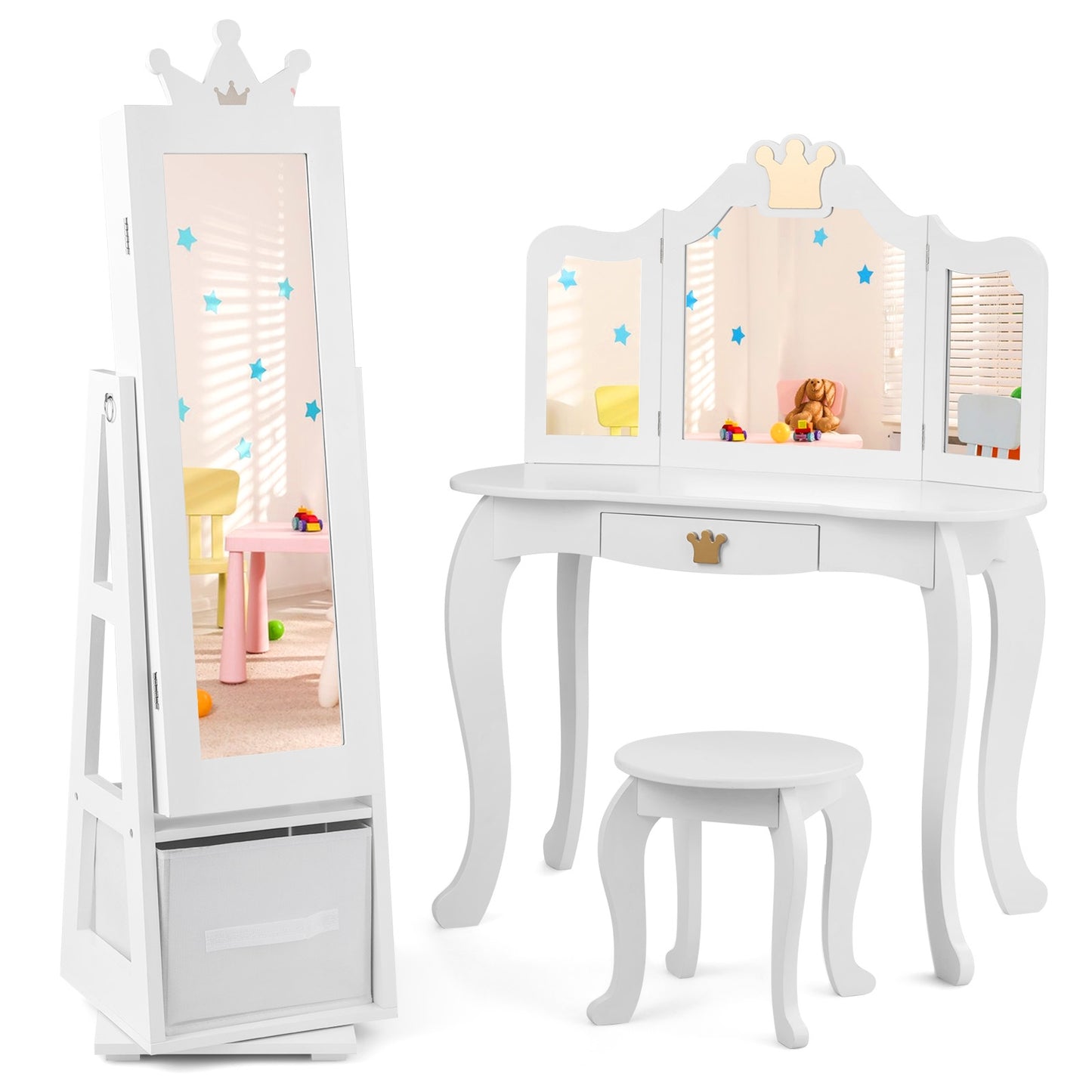 Kids Jewelry Armoire Cabinet with Large Storage Capacity and Swivel Base, White Kids Vanities at Gallery Canada