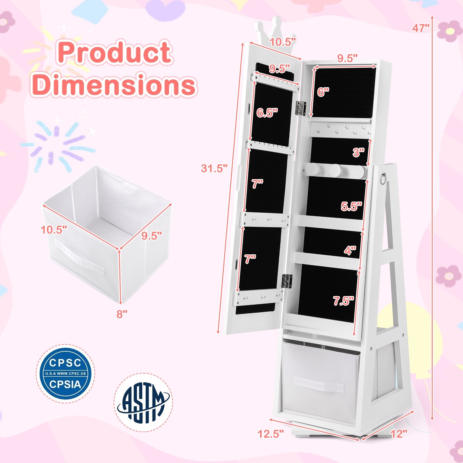 Kids Jewelry Armoire Cabinet with Large Storage Capacity and Swivel Base, White Kids Vanities at Gallery Canada