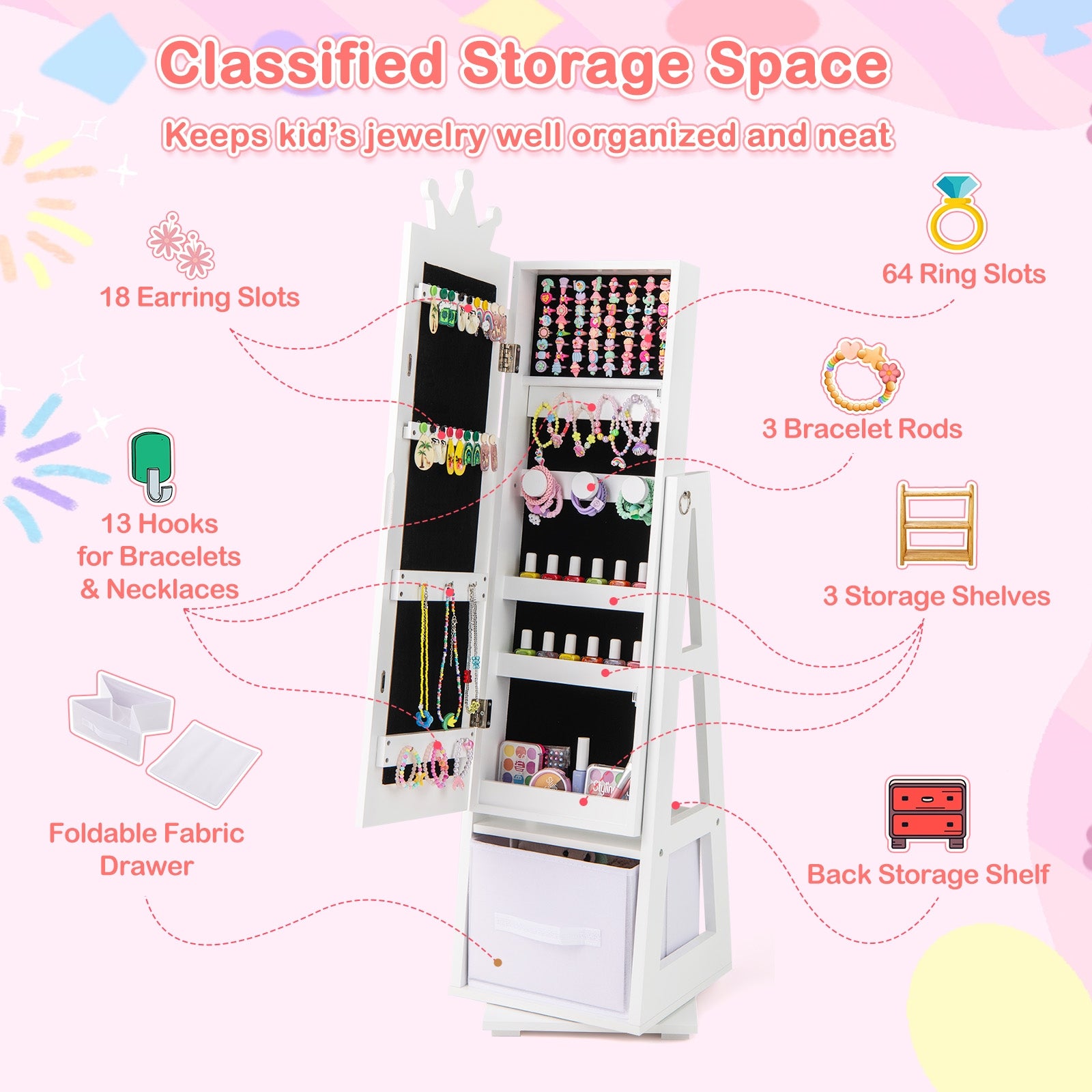 Kids Jewelry Armoire Cabinet with Large Storage Capacity and Swivel Base, White Kids Vanities at Gallery Canada