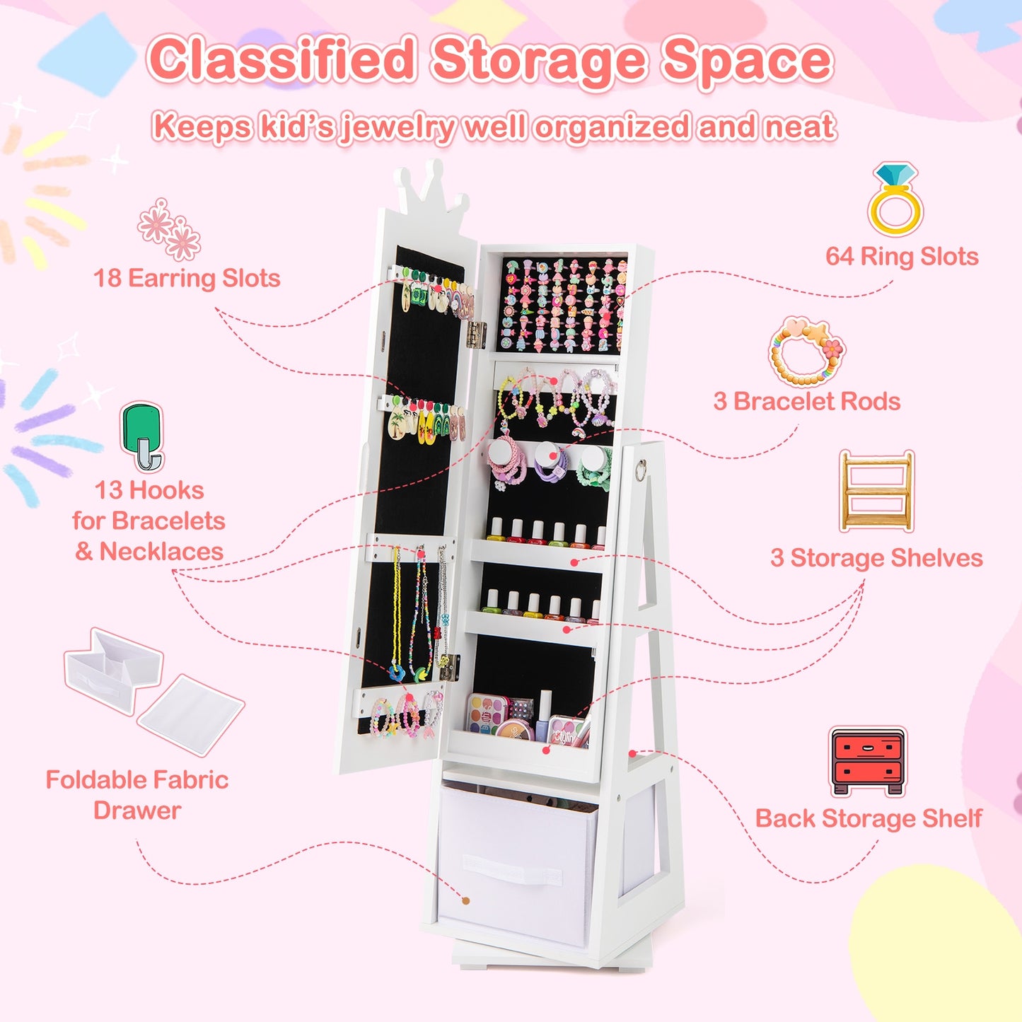 Kids Jewelry Armoire Cabinet with Large Storage Capacity and Swivel Base, White Kids Vanities at Gallery Canada