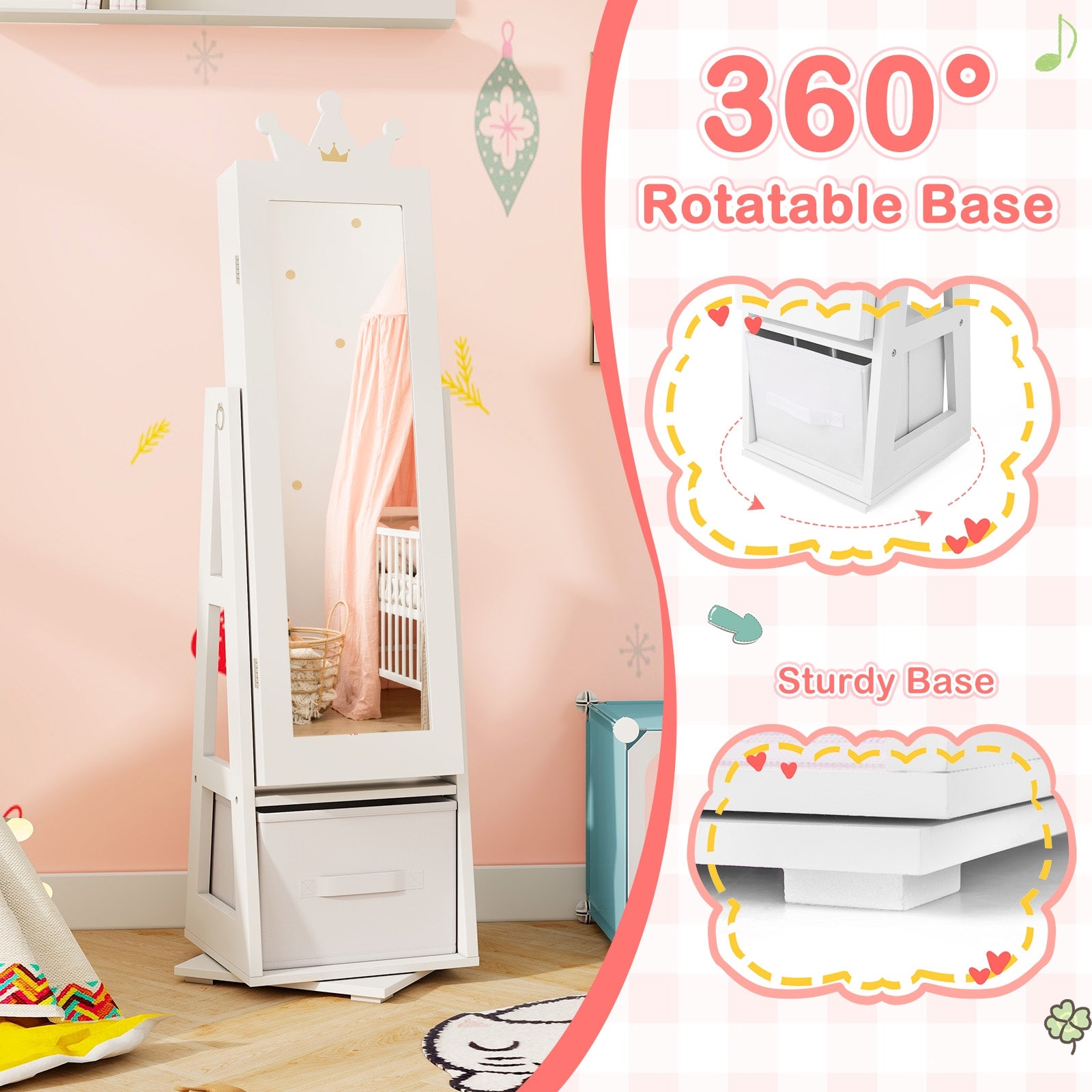 Kids Jewelry Armoire Cabinet with Large Storage Capacity and Swivel Base, White Kids Vanities at Gallery Canada