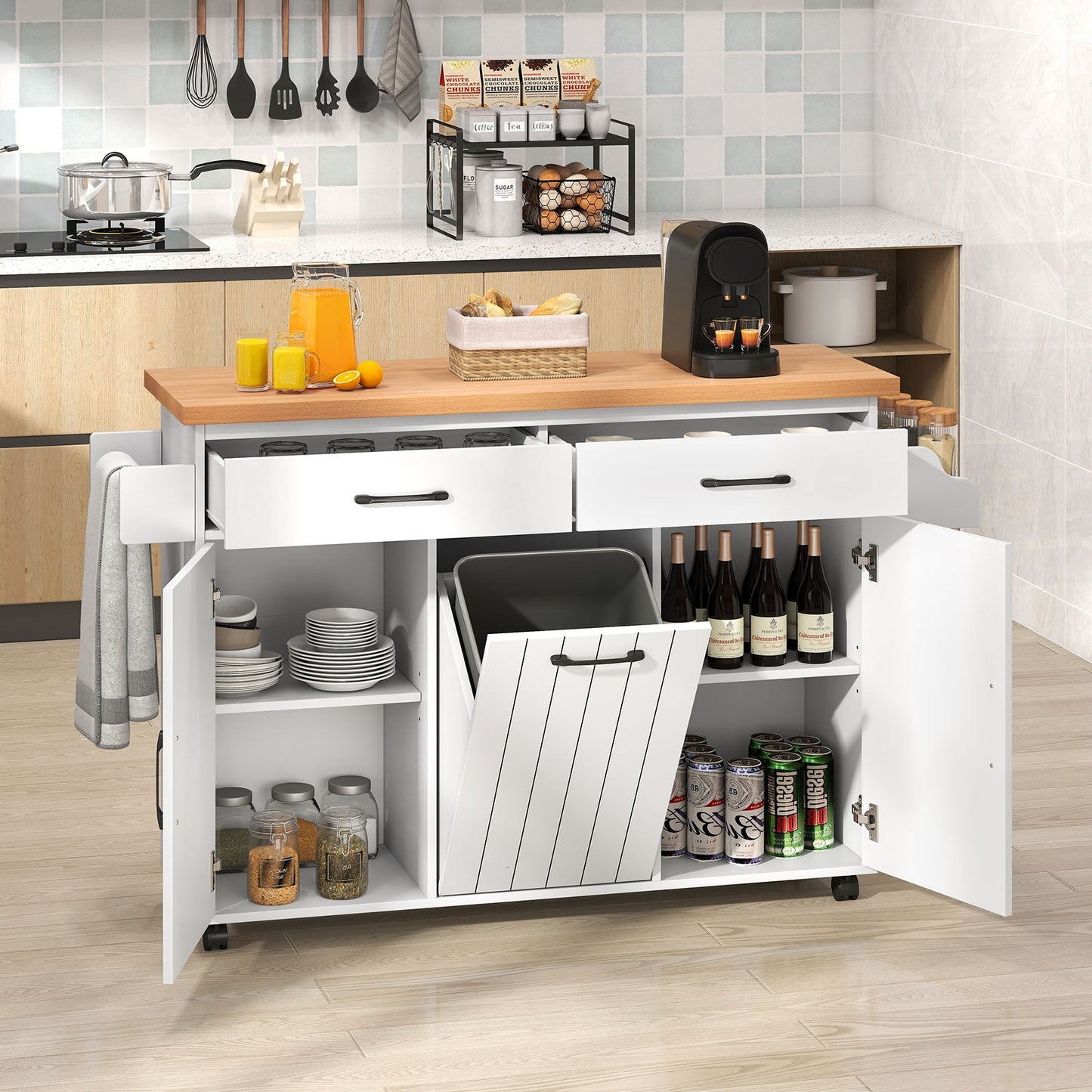Mobile Kitchen Island Table with Trash Bag Storage for Dining Room, White Kitchen Islands & Carts at Gallery Canada