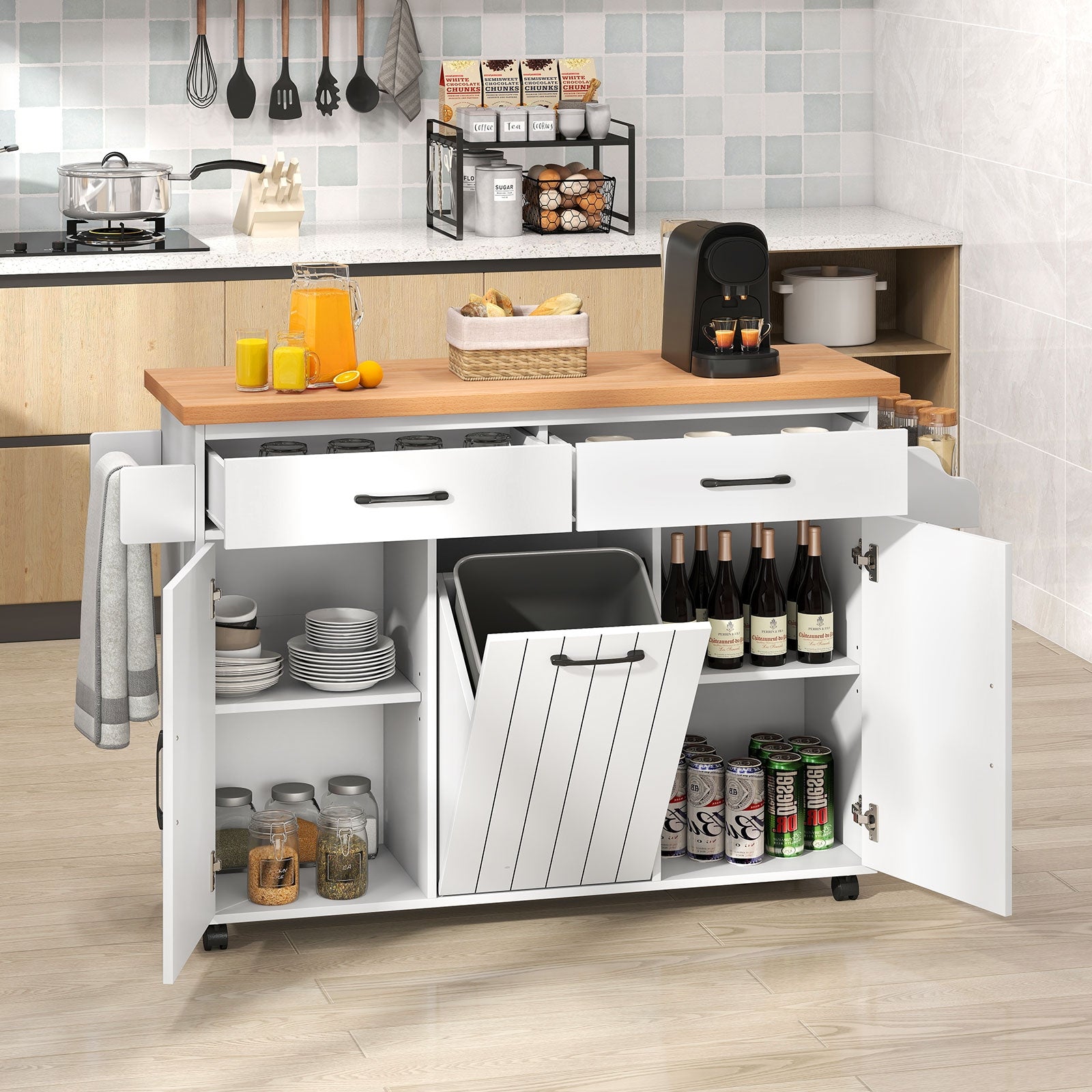 Mobile Kitchen Island Table with Trash Bag Storage for Dining Room, White Kitchen Islands & Carts at Gallery Canada
