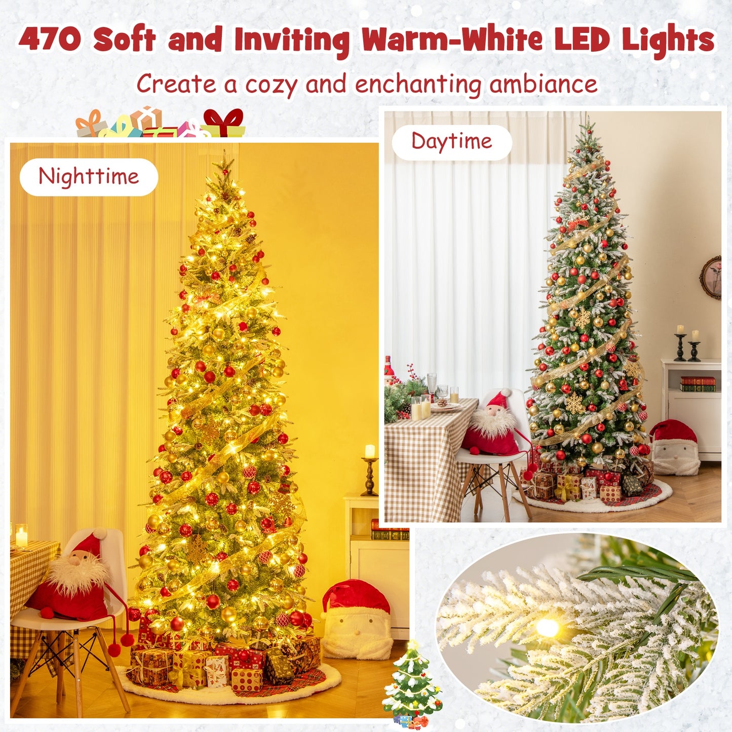 6/7.5/9 Feet Pre-Lit Artificial Christmas Tree Snow Flocked Hinged-9 FT, Green Christmas Tree at Gallery Canada