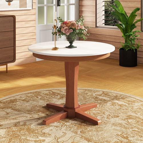 35 Inches Wooden Round Dining Table with Pedestal Base, White